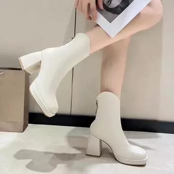 Модная женская обувь 2024 года, высококачественные женские ботильоны, модные современные ботинки с застежкой-молнией сзади, женские новые туфли на каблуках больших размеров с квадратным носком 35 покинуть белый