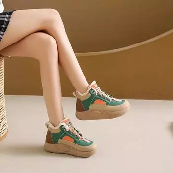 Модная женская обувь 2024 года, высококачественные женские туфли на шнуровке из вулканизированной стали, модные зимние туфли в тон плюс бархат с высоким берцем на плоской подошве 35 хаки