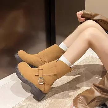 Модная женская обувь 2024 года, высококачественные женские сапоги без застежек, модные современные сапоги с пряжкой на ремне, женские сапоги с круглым носком, высокие сапоги до колена 35 чёрный