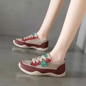 Модная женская обувь 2024 года, женская обувь на шнуровке, вулканизированная обувь, осенняя, дышащая, сетчатая, подошва Solft, разноцветные, плоские, повседневные, удобные кроссовки 35 красный