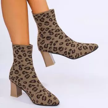 Модная женская обувь 2024 года, женские ботильоны больших размеров, вязаные эластичные ботинки, женские леопардовые туфли с острым носком и толстым каблуком, женские 36 золотой
