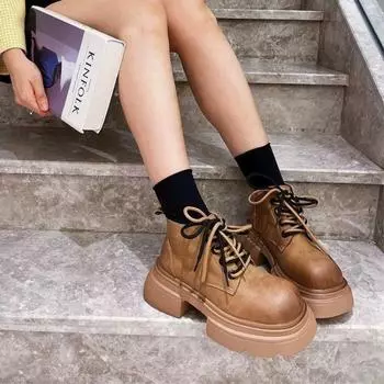Модная женская обувь 2024 года, женские ботинки со шнуровкой и перекрестными шнурками, модные однотонные повседневные ботинки для женщин, высококачественные ботильоны с круглым носком 35 чёрный