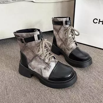 Модная женская обувь 2024 года, женские ботинки с перекрестной шнуровкой, модные повседневные ботинки с пряжкой на ремне, женские новые ботильоны с круглым носком, обувь на толстой подошве 35 чёрный