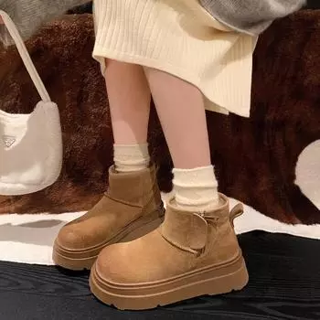 Модная женская обувь 2024 года, женские сапоги-туфли с круглым носком, теплые, из плотного плюша с начесом, на среднем каблуке, водонепроницаемые, простые, для снега 35 чёрный