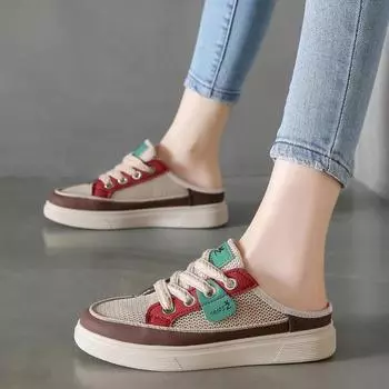 Модная женская обувь 2024 года, женские тапочки с круглым носком, повседневные тапочки на платформе, женские разноцветные туфли с круглым носком на плоской подошве со шнуровкой и сеткой для женщин 35 чёрный