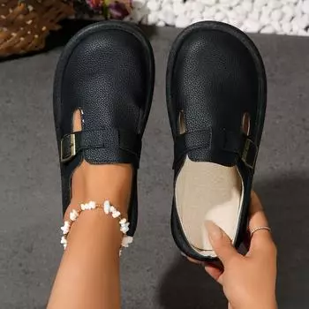 Модная женская обувь 2024 года, женские тапочки, повседневные тапочки для улицы, однотонные, с круглым носком, на плоской подошве, женские туфли на плоской подошве 35 чёрный