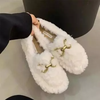 Модная женская обувь 2024 года, женские туфли на плоской подошве с металлическим украшением, повседневные туфли на плоской подошве для женщин, горячая распродажа, короткие плюшевые туфли на плоской подошве с круглым носком и низким каблуком 35 покинуть бе