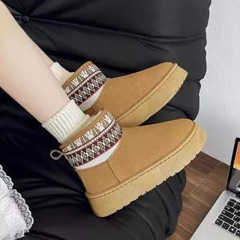 Модная женская обувь 2024 года, зимние классические зимние ботинки, тапочки, ботинки женские, теплые меховые зимние ботинки на толстой подошве 36 коричневый