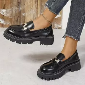 Модная женская обувь 2024 Весна Толстая подошва Лоферы Одиночные туфли Толстый каблук Британский стиль Ретро обувь для женщин Zapatos Para Mujeres 35 чёрный