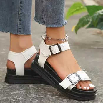 Модная женская обувь больших размеров 2024 года, новые толстые подошвы, однотонные бисквитные мягкие подошвы, римские сандалии, пляжная повседневная обувь 35 коричневый