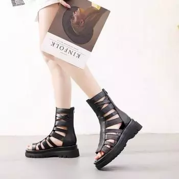 Модная женская обувь, черные уличные сандалии для женщин на платформе, кожаные, в римском стиле, на молнии, повседневные, 2024, роскошная обувь, летние удобные сандалии H 35