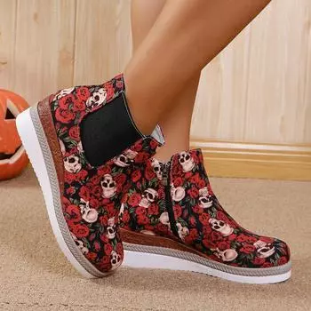Модная женская обувь Европейские американские рождественские короткие сапоги женские осенне-зимние принтованные короткие кожаные сапоги с боковой молнией 36