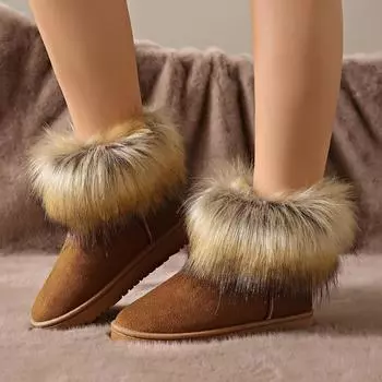 Модная женская обувь Furry 2024, женские ботинки в стиле ретро с круглым носком, зимние плюшевые теплые коричневые короткие ботинки, легкие нескользящие женские зимние ботинки 35 жёлтый
