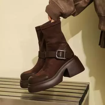 Модная женская обувь, хит продаж, женские сапоги без застежек, модные современные сапоги с пряжкой на ремне, женские новые сапоги с круглым носком на высоком каблуке телесного цвета 35 темно-коричневого
