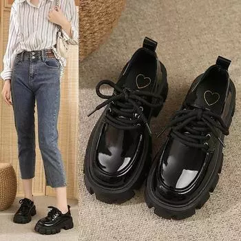 Модная женская обувь из цельной кожи Оксфордские туфли для женщин на шнуровке, квадратные туфли на среднем каблуке, туфли на платформе 35