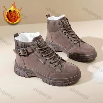 Модная женская обувь из хлопка 2024 года, новые зимние сапоги с круглым носком, толстая подошва, плюшевые теплые женские туфли, модные ботинки со шнуровкой и пряжкой на поясе 35 серый