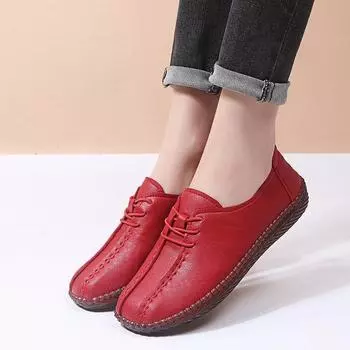 Модная женская обувь Мягкие кожаные мокасины Осенняя повседневная обувь Удобные туфли на низком каблуке Нескользящие балетки Среднего возраста Зашнурованные туфли Zapatos 35 белый