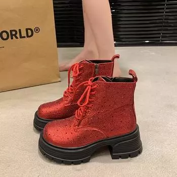 модная женская обувь на среднем каблуке, ботинки для женщин 2024, осень-зима, украшение из стразов, однотонная женская обувь Botines Mujer 35 чёрный