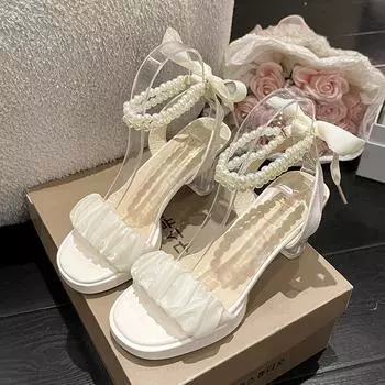 Модная женская обувь на высоком каблуке, новые летние римские сандалии на массивном каблуке с жемчугом, уличная модная женская обувь в девичьем стиле 39