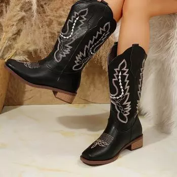 Модная женская обувь, новые высококачественные ковбойские сапоги до середины голени, женские винтажные кантри-концертные сапоги в стиле вестерн для женщин, Botas De Mujer 35 чёрный
