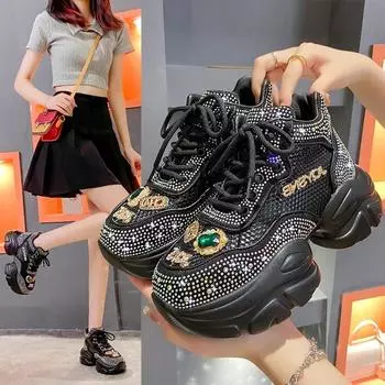 Модная женская обувь Новые женские кроссовки со стразами Diamond Breathable Luxury Designer Casual Platform Shoes 35 белый