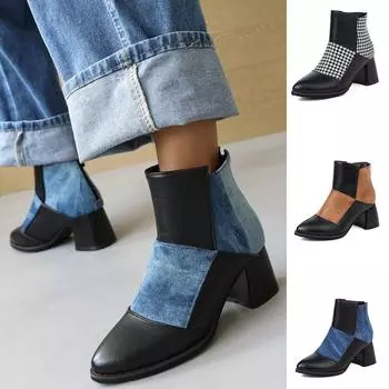 Модная женская обувь, осенние и зимние кожаные ботинки на высоком каблуке с заостренной молнией сзади, одинаковые по цвету ботинки 36 синий