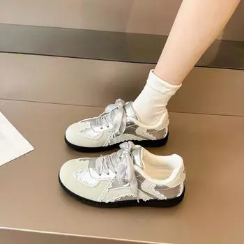 Модная женская обувь с круглым носком, плоские кроссовки для улицы, пэчворк, лаконичная кружевная форма, хлопок, бархат, стиль, удобная обувь для студентов, зима 35 серебряный
