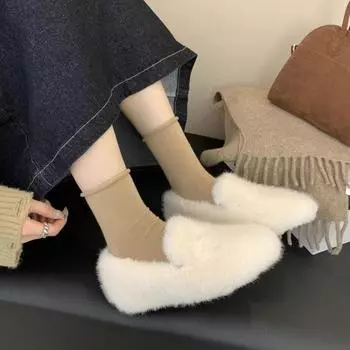 Модная женская обувь с мехом, зимние теплые туфли на плоской подошве, мокасины, однотонные, простые, простые, универсальные, высококачественные женские туфли 35 бежевый