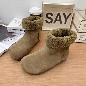 Модная женская обувь, шерстяные зимние сапоги, женская обувь 2024 года, кожаные зимние туфли на плоской подошве, теплые плюшевые хлопковые туфли, универсальные сапоги до середины икры 35