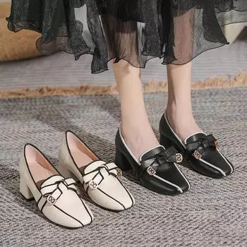 Модная женская обувь Весна Новые красивые туфли-лодочки для девочек Элегантные туфли на квадратном каблуке Туфли на высоком каблуке Модная повседневная обувь из натуральной кожи 34 бежевый