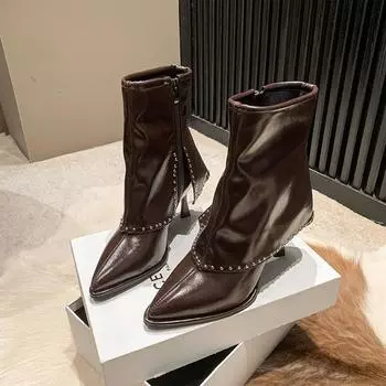 Модная женская обувь, женские ботинки с боковой молнией, зимние однотонные туфли с острым носком на короткой шпильке или ботинки на тонком каблуке 37 чёрный