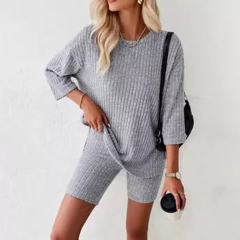 Модная женская одежда 2024 года, весна и лето, повседневный вязаный костюм с широкими брюками и короткими рукавами S зелёный