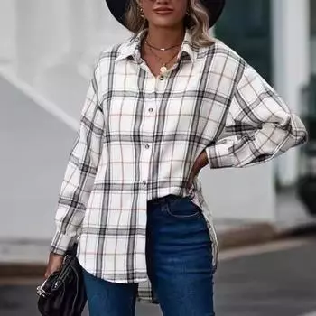 Модная женская одежда Блузка с клетчатым принтом Мягкая и удобная блузка Топы с длинным рукавом Домашняя одежда Рубашки с V-образным вырезом на пуговицах S бежевый
