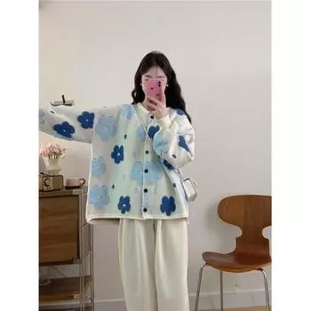 Модная женская одежда больших размеров fat mm осенний ленивый стиль свитер куртка новый свободный и тонкий трикотажный топ M [Recommended 80-50kg] синий