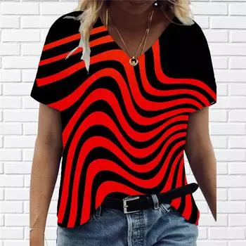 Модная женская одежда, футболка с 3d-кривым принтом, повседневная футболка с v-образным вырезом, новая абстрактная женская футболка, большие уличные топы с короткими рукавами S