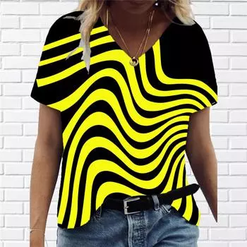 Модная женская одежда, футболка с 3d-кривым принтом, повседневная футболка с v-образным вырезом, новая абстрактная женская футболка, большие уличные топы с короткими рукавами S