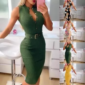 Модная женская одежда, летнее элегантное платье без рукавов с круглым вырезом и пуговицами, повседневное платье миди со средней талией, тонкое платье трапециевидной формы S жёлтый