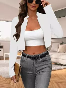 Модная женская одежда однотонная с длинными рукавами темпераментная короткая куртка повседневный универсальный костюм S белый