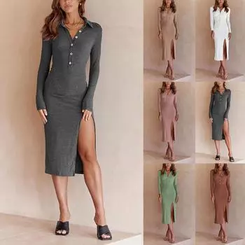 Модная женская одежда с длинным рукавом в рубчик, с веревочным поясом, на пуговицах, платье с разрезом, облегающее платье с запахом на бедрах XL
