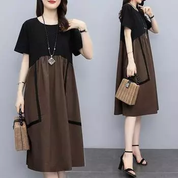 Модная женская одежда с круглым вырезом и двойными карманами в стиле пэчворк, плиссированные летние платья трапециевидной формы с короткими рукавами, свободные гофрированные платья XXL синий