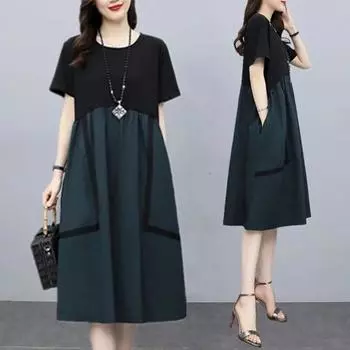 Модная женская одежда с круглым вырезом и двойными карманами в стиле пэчворк, плиссированные летние платья трапециевидной формы с короткими рукавами, свободные гофрированные платья XXL синий