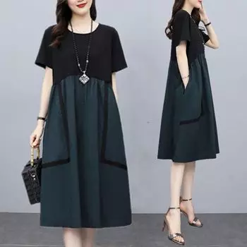 Модная женская одежда с круглым вырезом и двойными карманами в стиле пэчворк, плиссированные летние платья трапециевидной формы с короткими рукавами, свободные гофрированные платья M синий