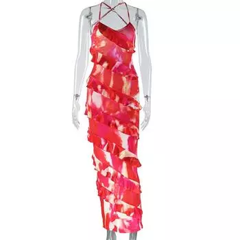 Модная женская одежда в европейском и американском стиле, модные сексуальные подтяжки с принтом, нестандартное платье со шнуровкой на спине L красный