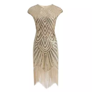 Модная женская одежда, винтажное женское платье с блестками и кисточками, шею без рукавов, банкетное, коктейльное платье L бежевый