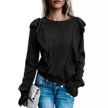 Модная женская однотонная футболка с длинным рукавом и круглым вырезом, блузка, топ XL белый