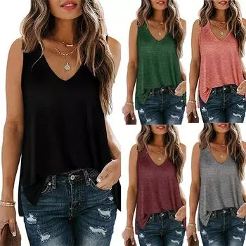Модная женская однотонная футболка средней длины без рукавов с разрезом и v-образным вырезом XXL