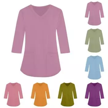 Модная женская однотонная рабочая одежда с v-образным вырезом и рукавами три четверти, свободный топ с карманом и принтом L