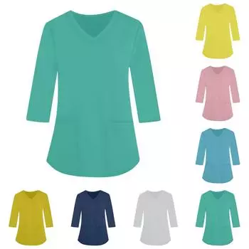 Модная женская однотонная рабочая одежда с v-образным вырезом и рукавами три четверти, свободный топ с карманом и принтом L имбирный