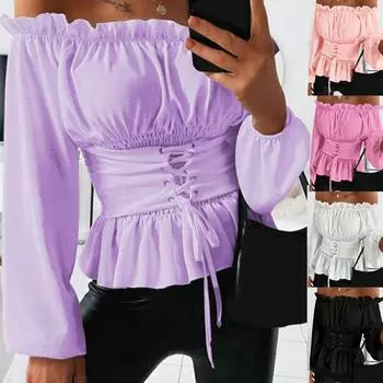 Модная женская однотонная рубашка без бретелек с длинными рукавами и рюшами на шнурке L чёрный