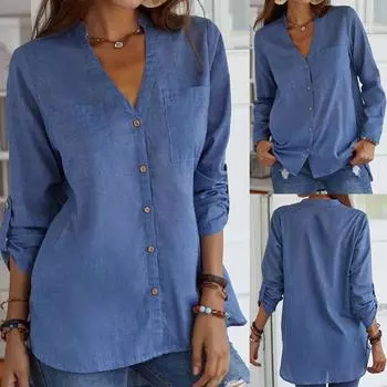 Модная женская однотонная шелковая рубашка с длинным рукавом и пуговицами с отложным воротником, блузка, джинсовая рубашка с короткими рукавами L синий